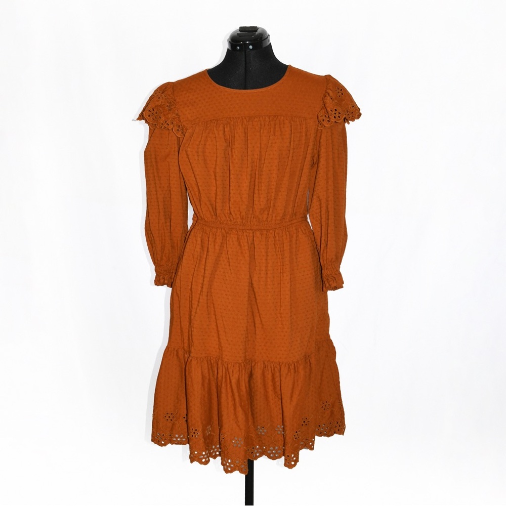 Burnt Orange Eyelet Dress Long Sleeves Round neckline